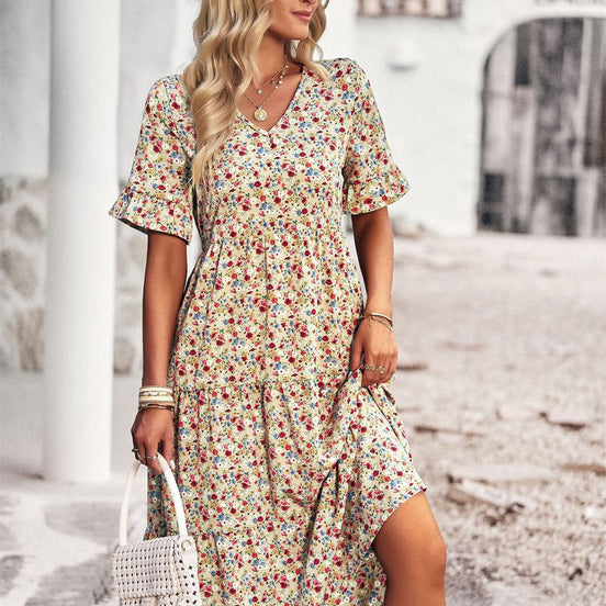 Lunaria Damenkleid mit V-Ausschnitt und Blumenprint