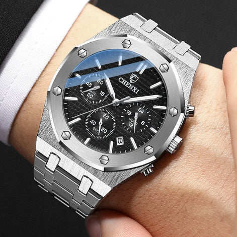 Herren Armbanduhr mit rundem Zifferblatt und Stahlarmband