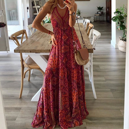 Elvaria Damen Maxikleid mit V-Ausschnitt und hoher Taille