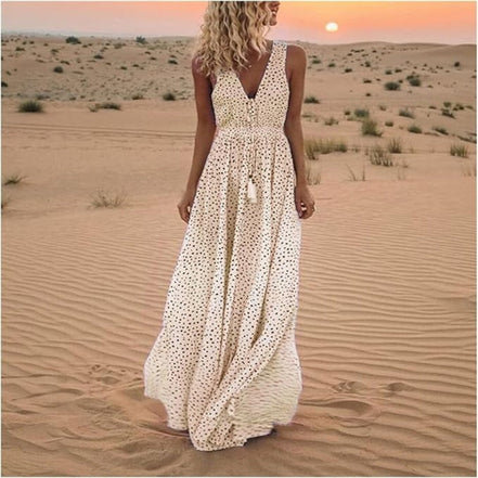 Solmirea Damen Maxikleid mit V-Ausschnitt und ärmellosem Design