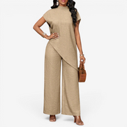 Damen Zweiteiler mit Rundhalsshirt und High-Waist Wide-Leg-Hose – Mirelva