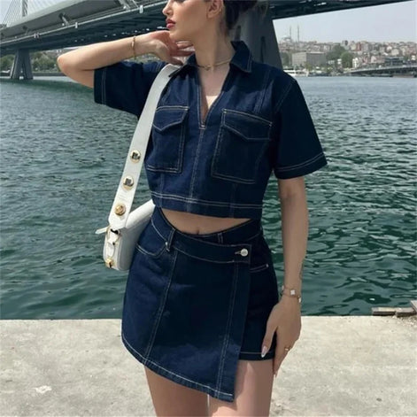 Lunessa Damen Cropped Jeansbluse mit Kurzarm