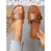 Flache Damen-Pantoletten mit Schnalle und Cut-out-Design – Elenza