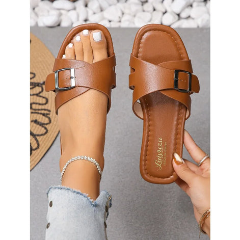 Flache Damen-Pantoletten mit Schnalle und Cut-out-Design – Elenza