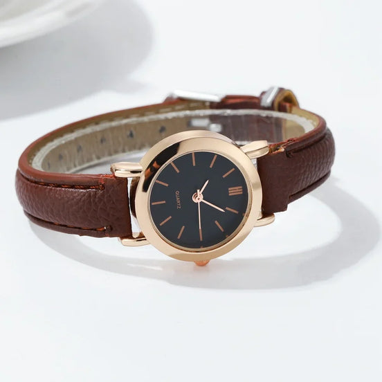 Elvara Damen Armbanduhr mit rundem Zifferblatt und Lederarmband