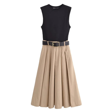 Valerina Damen Midi Kleid Ärmellos Plissiert