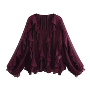 Lorevia Damen Chiffonbluse mit Volants und V-Ausschnitt