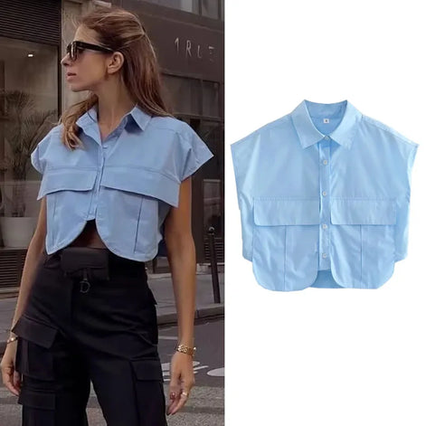 Eloria Damen Cropped Bluse mit Knopfleiste