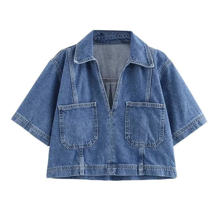 Lunessa Damen Cropped Jeansbluse mit Kurzarm