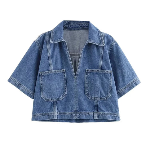 Lunessa Damen Cropped Jeansbluse mit Kurzarm