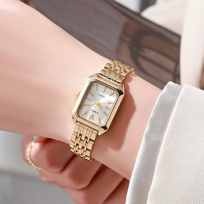 Rechteckige Damenarmbanduhr mit Metallarmband und Quarzwerk