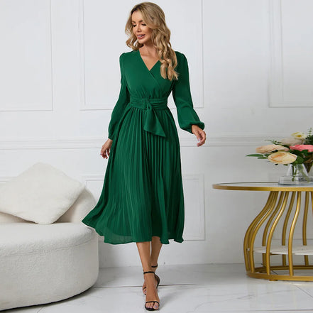 Selmoria Midi Kleid mit V-Ausschnitt und Bindegürtel