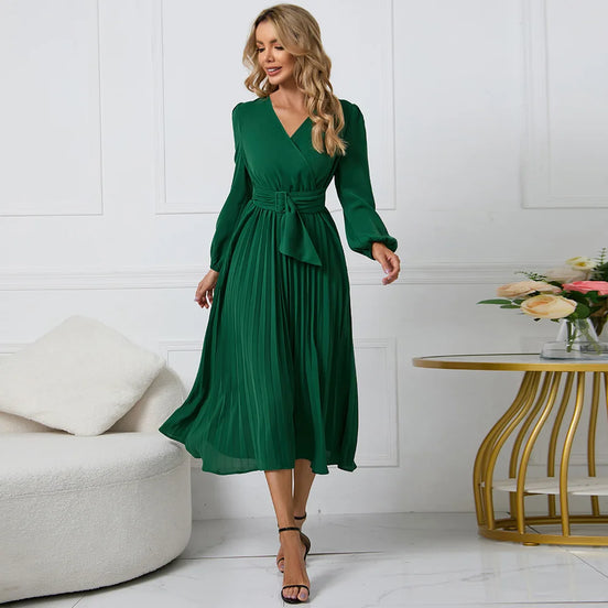 Selmoria Midi Kleid mit V-Ausschnitt und Bindegürtel