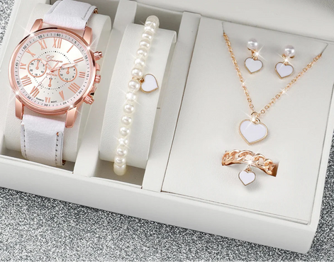 Schmuckset mit analoger Quarzuhr und passendem Zubehör