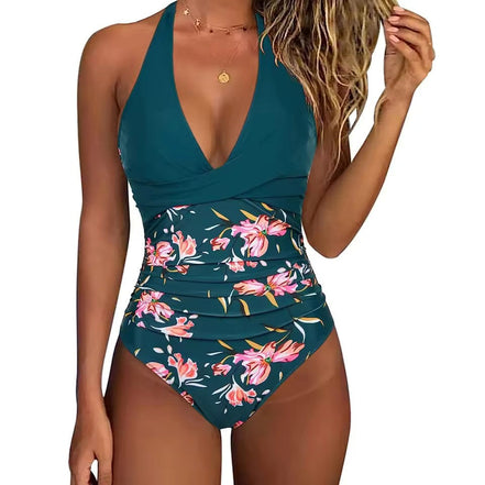Elmarella Damen Badeanzug mit Halterneck und Taillendetails
