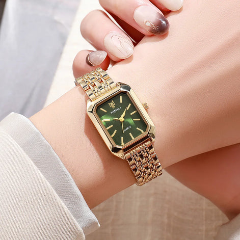 Rechteckige Damenarmbanduhr mit Metallarmband und Quarzwerk