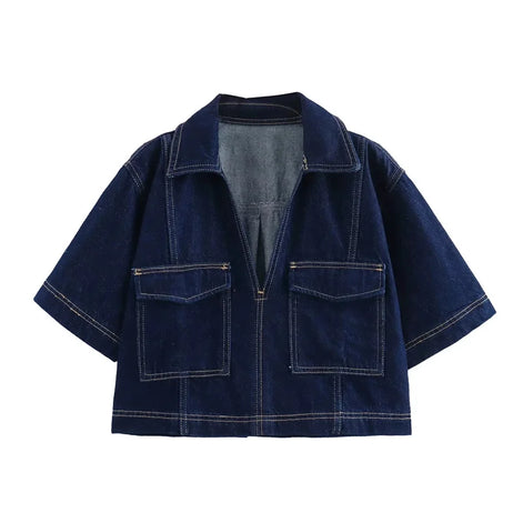 Lunessa Damen Cropped Jeansbluse mit Kurzarm