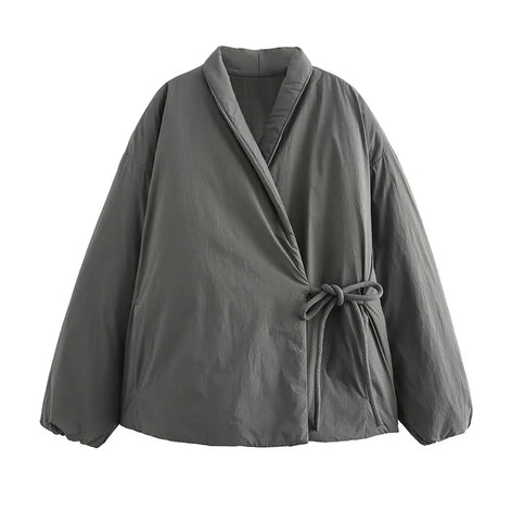 Damen Steppjacke mit V-Ausschnitt, Schnürverschluss und Taschen – Liora