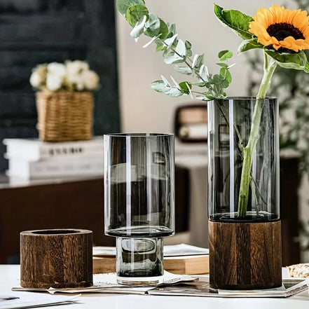 Velmora Glasvase mit Holzsockel für Tischdekoration