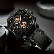 Quarz-Armbanduhr mit quadratischem Gehäuse und Lederarmband