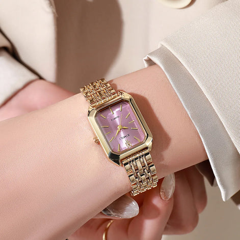 Rechteckige Damenarmbanduhr mit Metallarmband und Quarzwerk