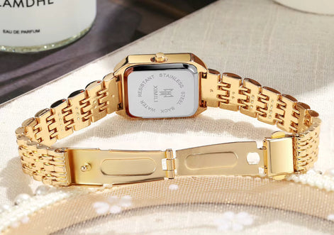 Rechteckige Damenarmbanduhr mit Metallarmband und Quarzwerk