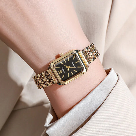 Rechteckige Damenarmbanduhr mit Metallarmband und Quarzwerk