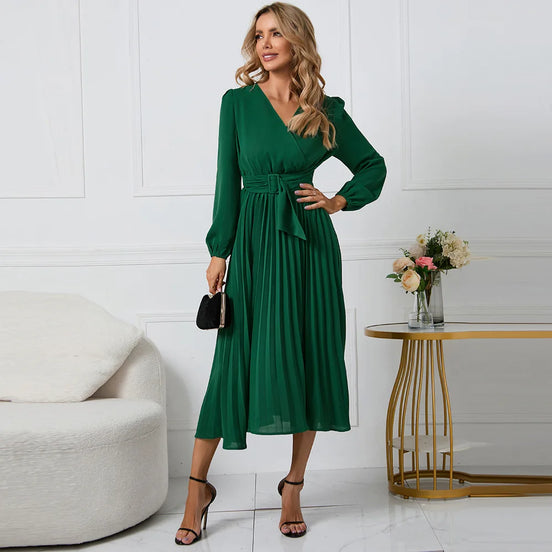 Selmoria Midi Kleid mit V-Ausschnitt und Bindegürtel