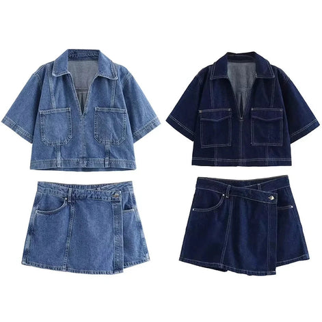 Lunessa Damen Cropped Jeansbluse mit Kurzarm