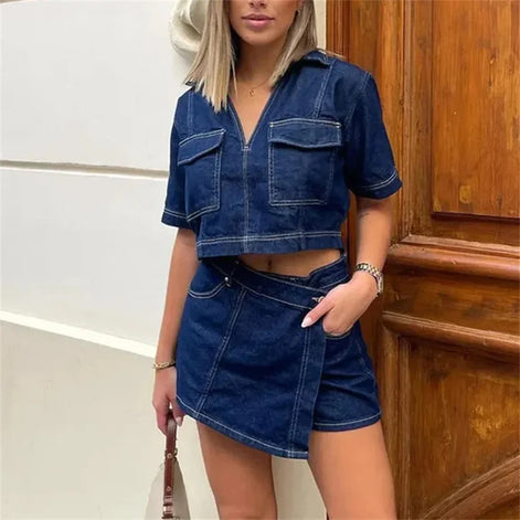 Lunessa Damen Cropped Jeansbluse mit Kurzarm