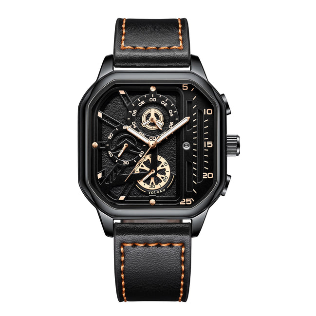Quarz-Armbanduhr mit quadratischem Gehäuse und Lederarmband