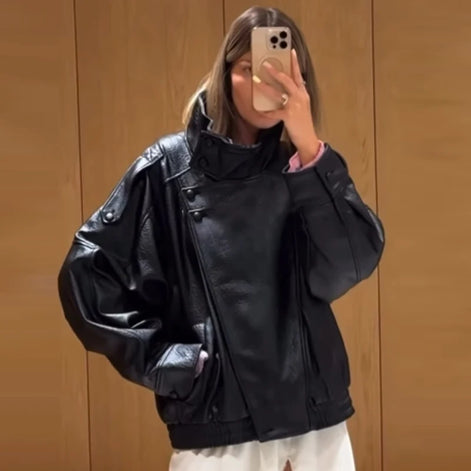 Damen Cropped Bomberjacke in Kunstleder-Optik mit Reißverschluss – Valenna
