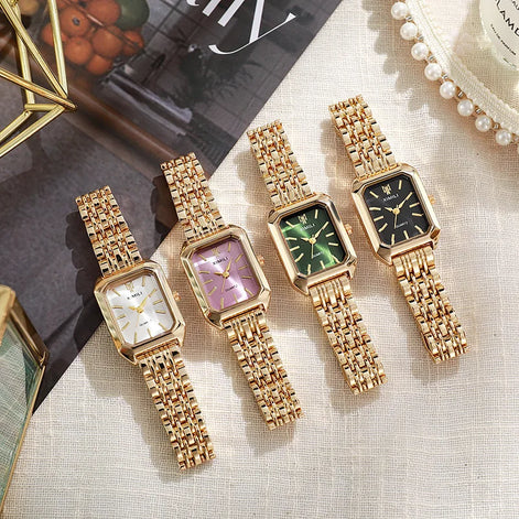 Rechteckige Damenarmbanduhr mit Metallarmband und Quarzwerk