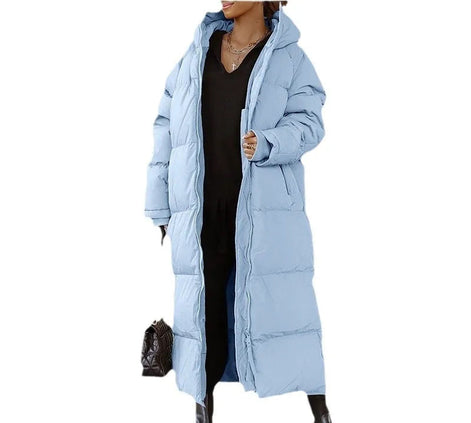Lange Damen Steppjacke mit Kapuze und Reißverschluss – Velmira
