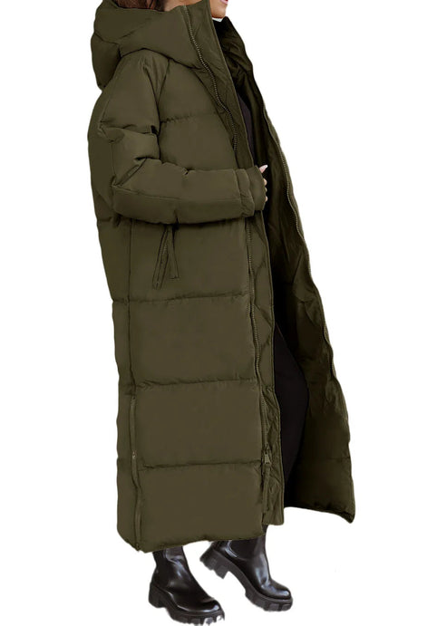 Lange Damen Steppjacke mit Kapuze und Reißverschluss – Velmira