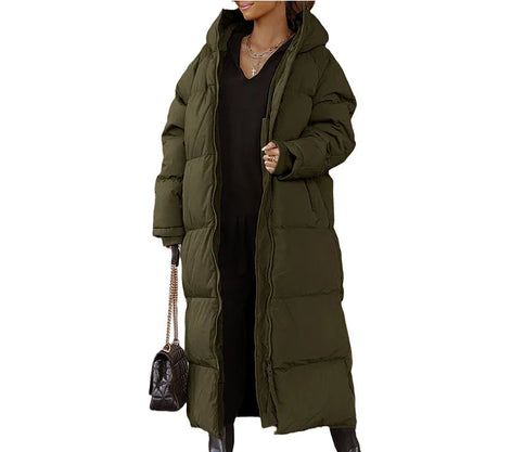 Lange Damen Steppjacke mit Kapuze und Reißverschluss – Velmira