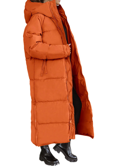 Lange Damen Steppjacke mit Kapuze und Reißverschluss – Velmira