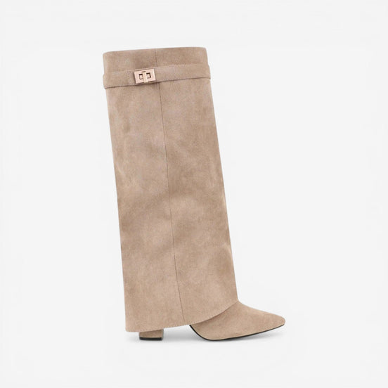 Velmira Stiefel – Damen kniehohe Stiefel mit Blockabsatz und Wildlederoberfläche