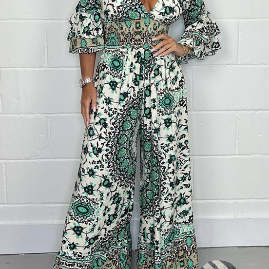 Vireluna Langarm Jumpsuit mit V-Ausschnitt
