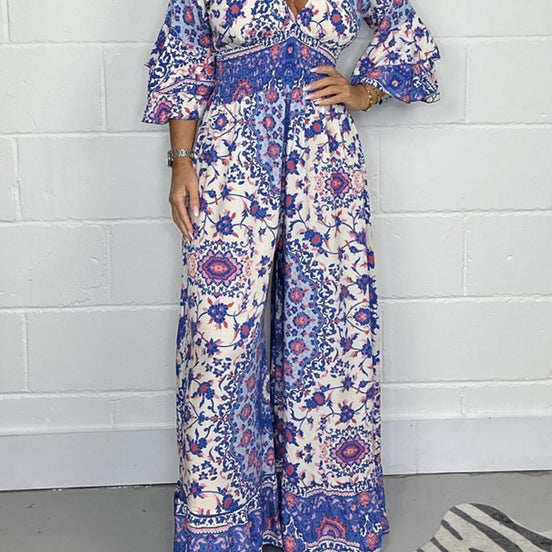 Vireluna Langarm Jumpsuit mit V-Ausschnitt