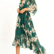 Velmira Maxikleid mit Blumenmuster und V-Ausschnitt – langärmeliges Kleid in A-Linien-Form